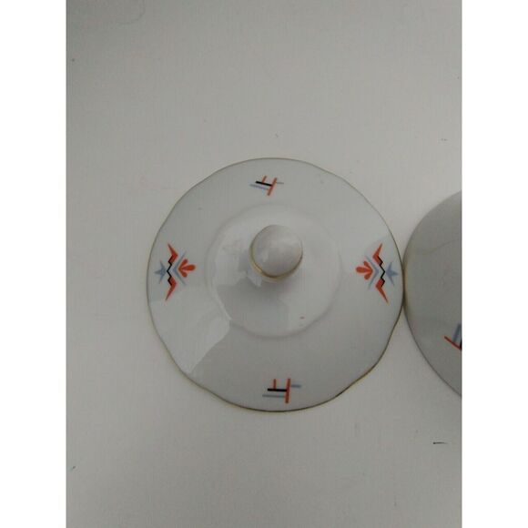 Vintage Sugar Bowl with Lid White Porcelain Gold Trim Geometric Design - Picture 5 of 10